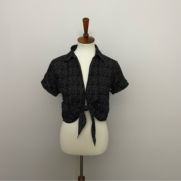 Urban Outfitters Tops - Urban Outfitters Top Cropped Tie Front Cuffed Sleeve Polka Dot Black White Y2K
